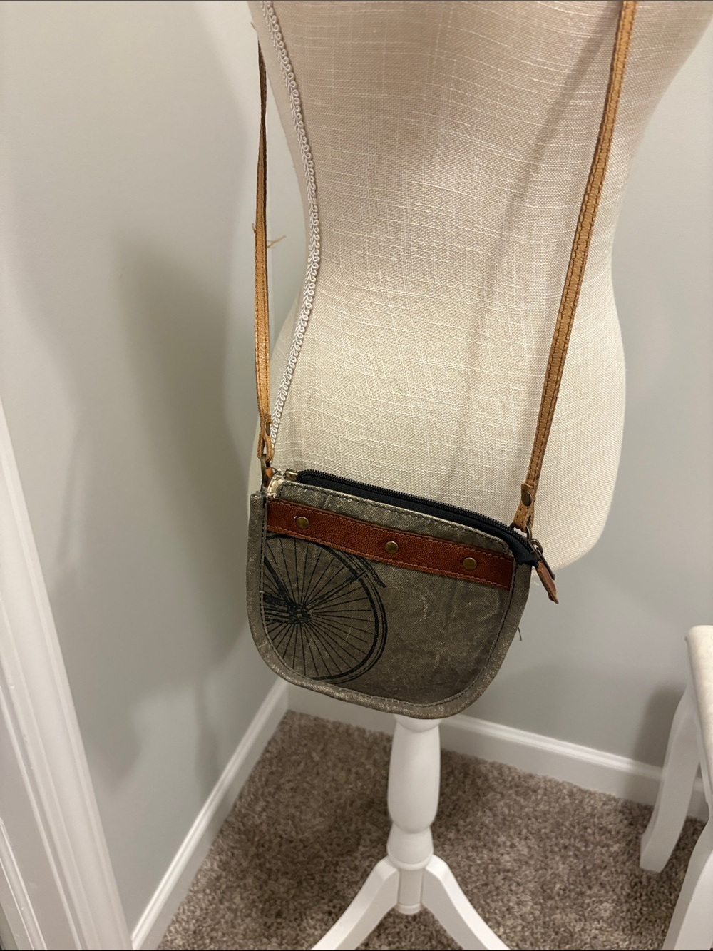 Gray Canvas Crossbody Bag with Brown Leather Trim and Bicycle Motif